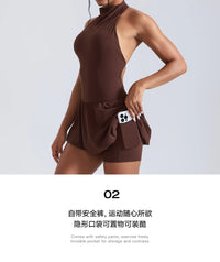 Women Tennis Dresses Quick Drying High Neck Backless Golf Skirt  Built in Shorts with Pockets Gym Running Yoga Dress