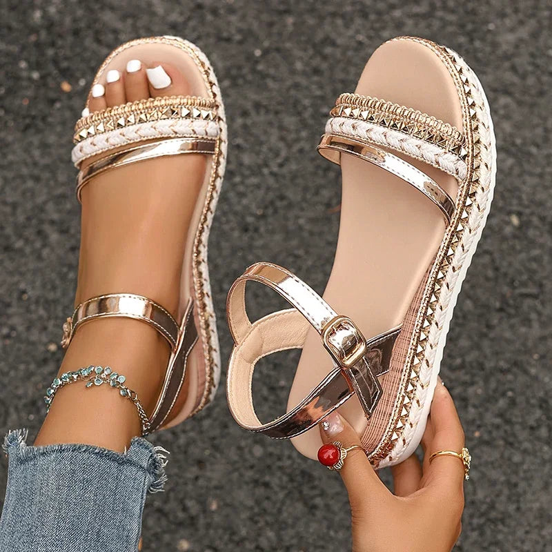 Plus Size Fashion Rivet Decor Wedge Sandals Women Gold Ankle Strap Platform Sandals for Woman Summer Thick Sole Roman Sandalias - Buy online at  Vibe In Cart.