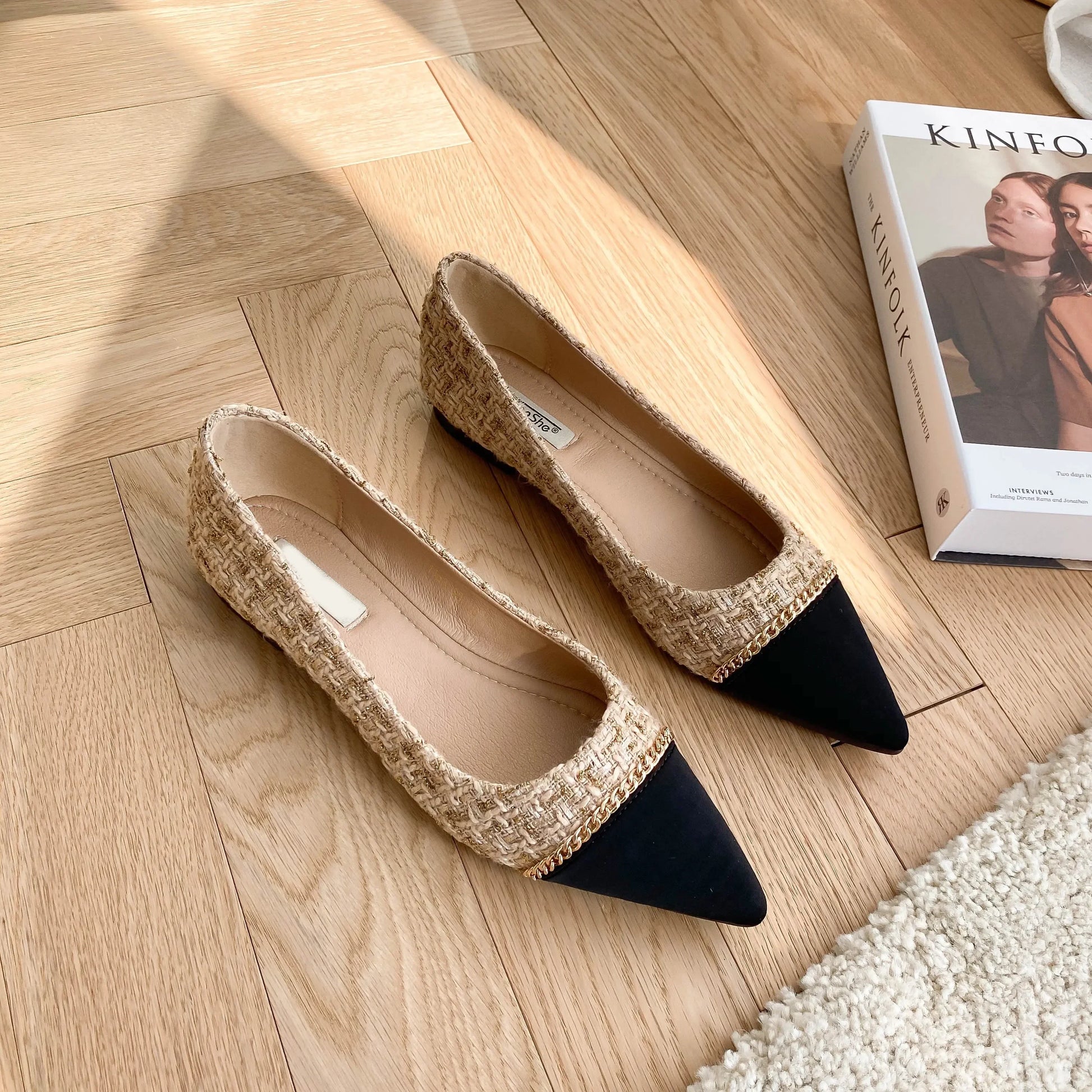 Women's Pointed Toe Low-Heeled Slip-On Flats with Metal Decoration