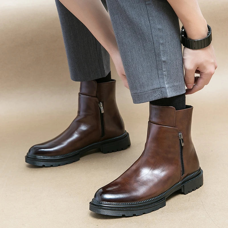 Men Boots New Handmade Dark Brown Pu Leather Ankle Zipper Dress Office Boots for Men - Buy online at  Vibe In Cart.