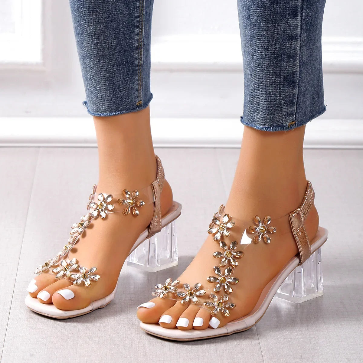 Women;s Sandals Pvc Crystal Flower Shoes for Women Decoration Chunky Heel Sandals Ladies Back Strap Fashion Shoes Female2024 - Buy online at  Vibe In Cart.