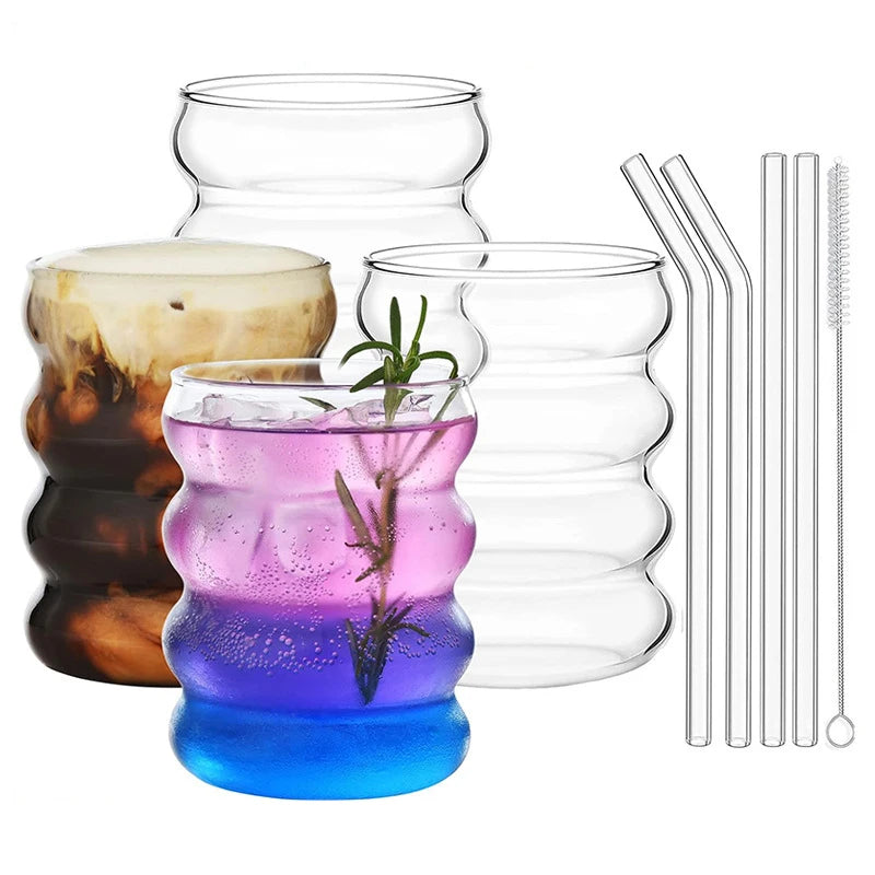 4pcs Creative Glass Cups Coffee Mug Clear Drinking Glasses Ribbed Glassware Cups With Straws Set Cocktail Fruit Glass Drinkware - Buy online at  Vibe In Cart.