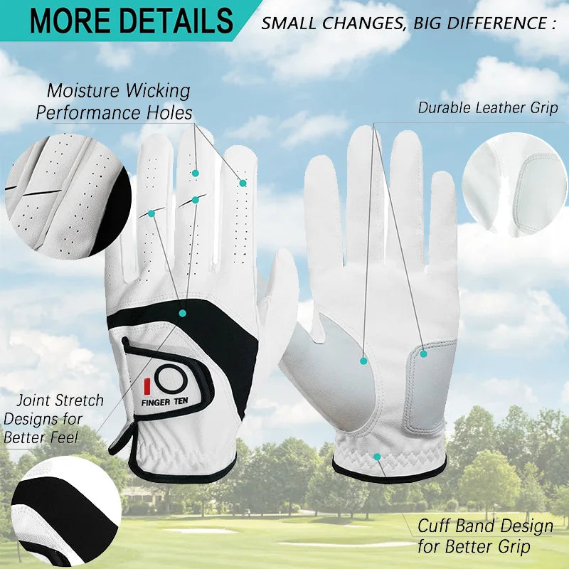 Men's Golf Gloves Genuine Leather White 3 or 6 Pack