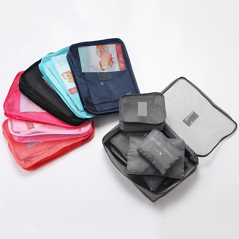 6-Piece Polyester Travel Packing Cubes Set in Black and Dark Blue with Shoe Pouch