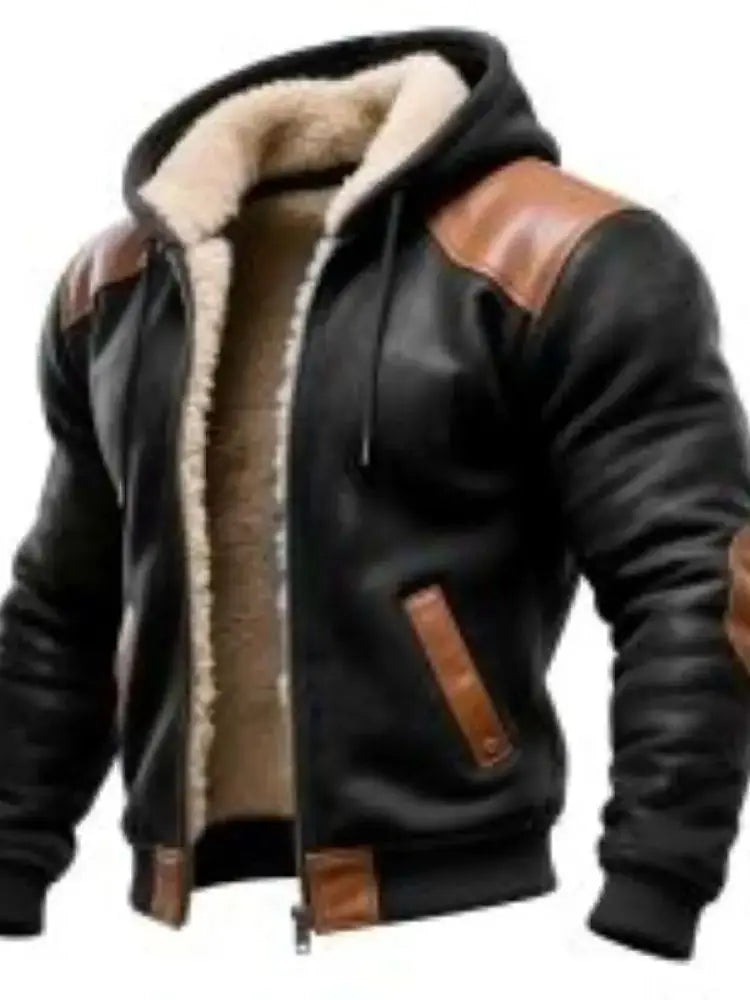 Men's Vintage Black Contrast Leather Warm Fleece Hooded Jacket - Buy online at  Vibe In Cart.