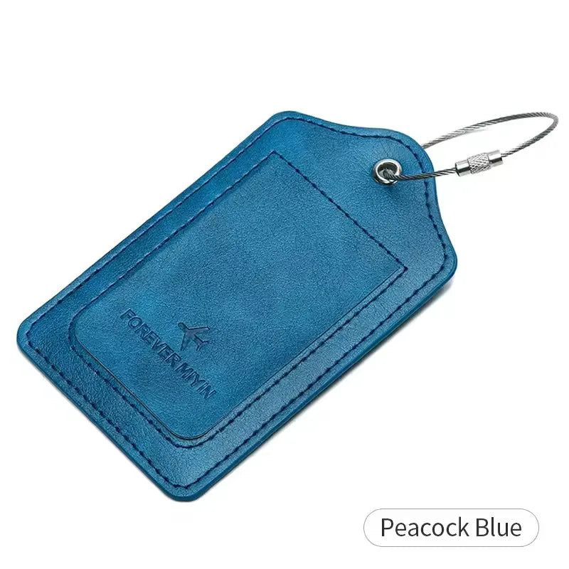 Leather Luggage Tag with Anti-Loss Wire Rope Loop and Built-In Privacy Cover