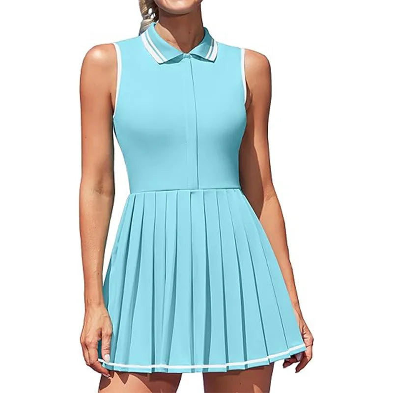New zipper style tennis golf dress ladies summer sleeveless lapel polo shirt pleats dresses slim-fit thin sports tennis clothing