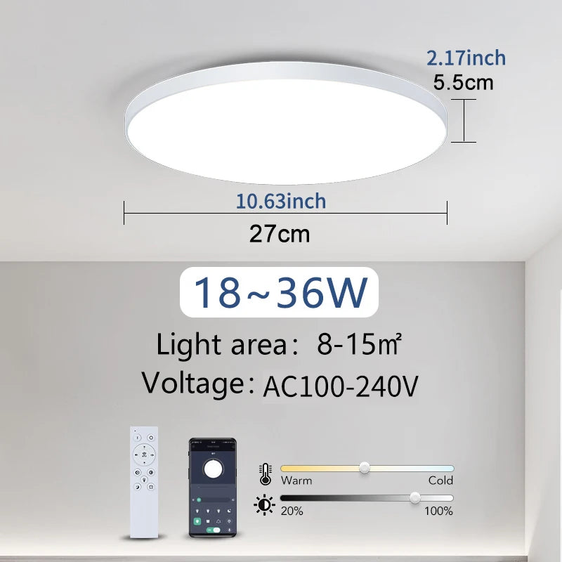 Smart LED Ceiling Lamp with Remote Control, Dimmable, White
