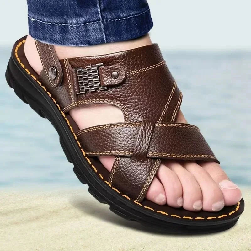 Men's 2025 Summer Leather Sandals Non - Slip Thick - Soled Soft and Comfortable for Beach and Outdoor Use - Buy online at  Vibe In Cart.