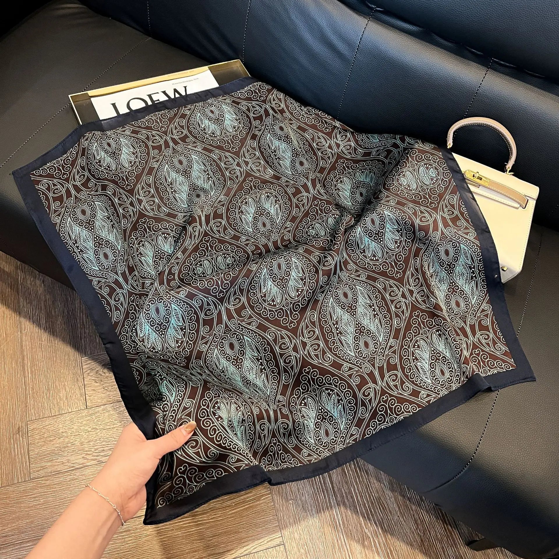 Printed Paisley Houndstooth Square Scarf for Women, Coffee Color, Polyester