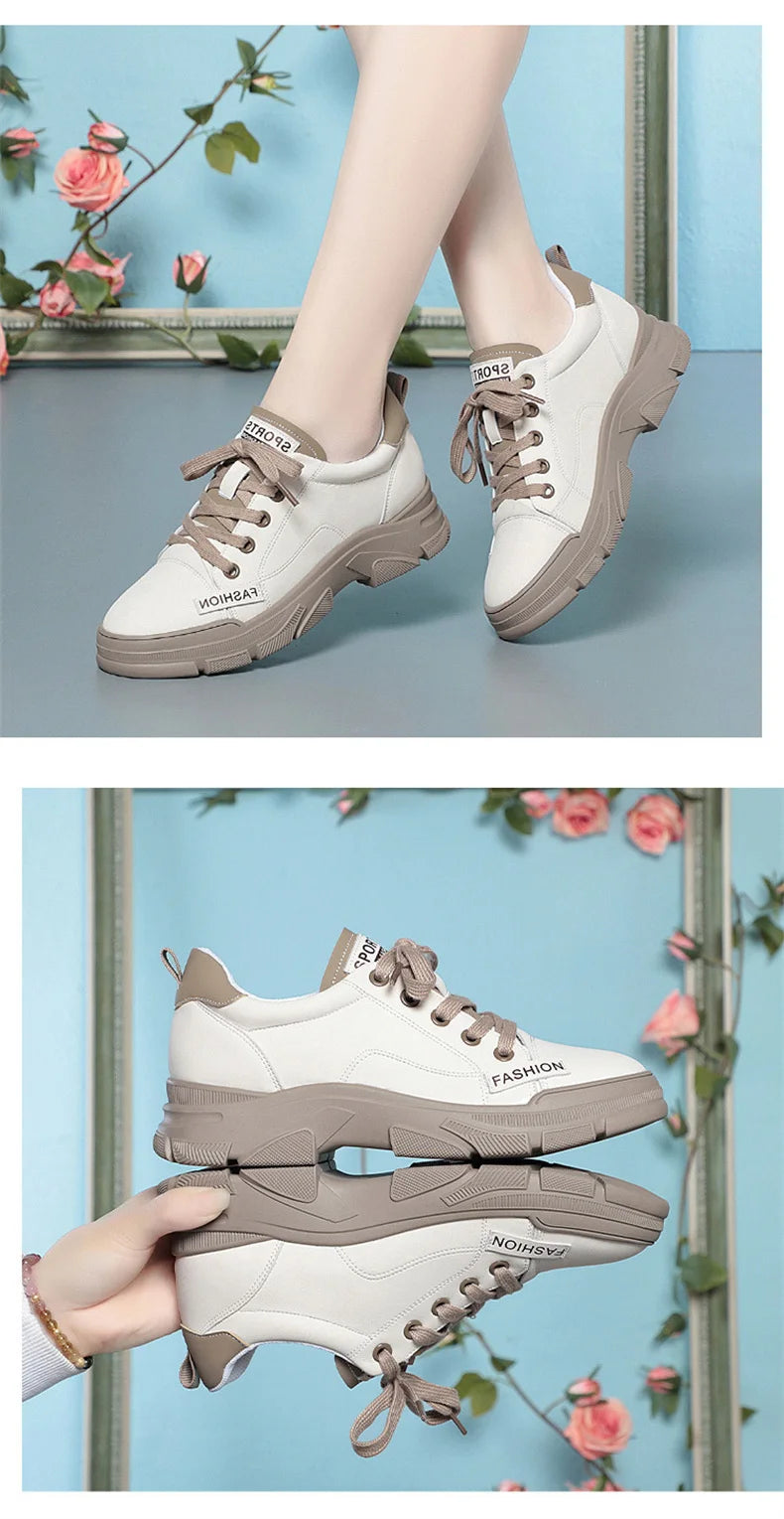 2024 Spring Non-slip Soft Leather Sneaker Trekking Footwear New Women's Thick-soled Lace-up Leisure Skateboard Sports Shoes - Buy online at  Vibe In Cart.