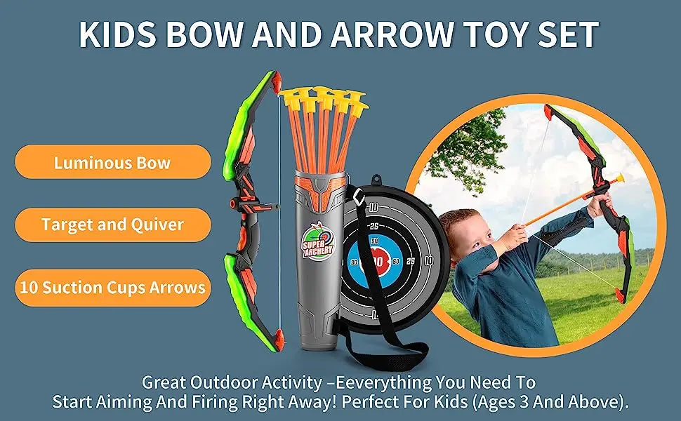 Kids Bow and Arrow Set, LED Light Up Archery Toys Set for Kids Ages 4-8 8-12, with 10 Suction Cup Arrows, Target & Quiver, Boys - Buy online at  Vibe In Cart.