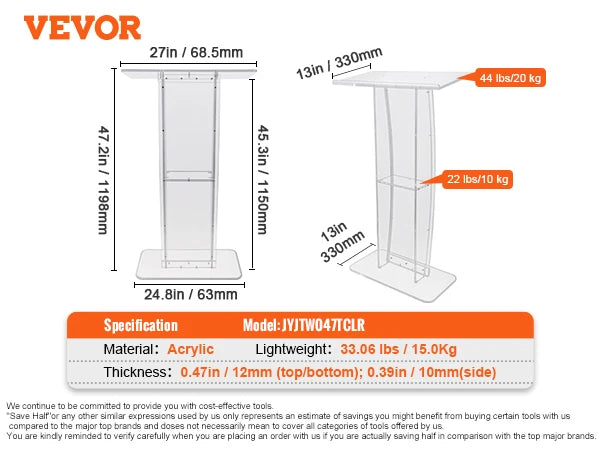 SucceBuy 47" Acrylic Podium Stand Floor-Standing Clear Pulpit Acrylic Desktop Lecterns w/ Storage Shelf for Church Office School - Buy online at  Vibe In Cart.