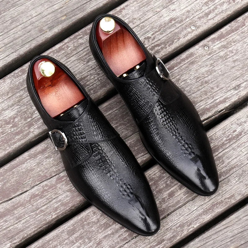 Men's Black And Blue Genuine Leather Oxford Shoes With Crocodile Pattern