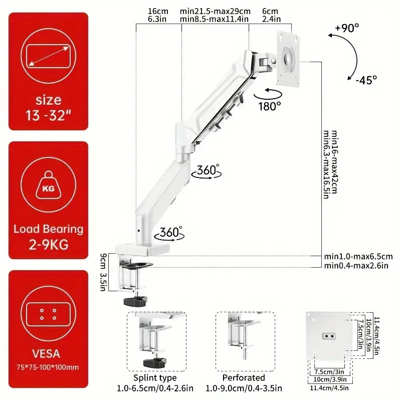 Adjustable Gas Spring Single Monitor Arm for 13-32 Inch Screens with Clamp Stand