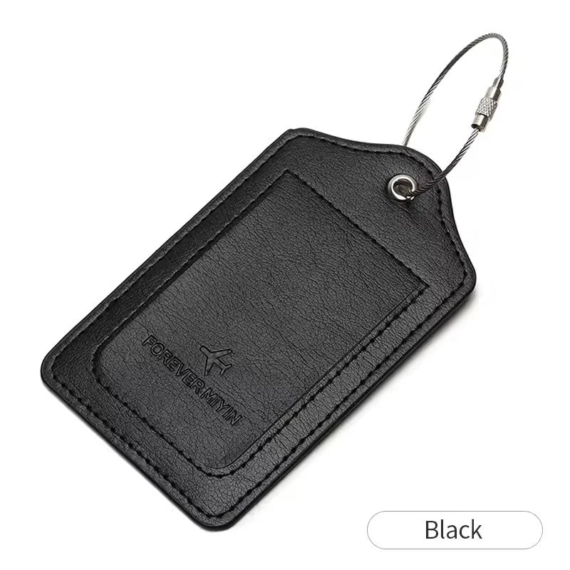 Leather Luggage Tag with Anti-Loss Wire Rope Loop and Built-In Privacy Cover