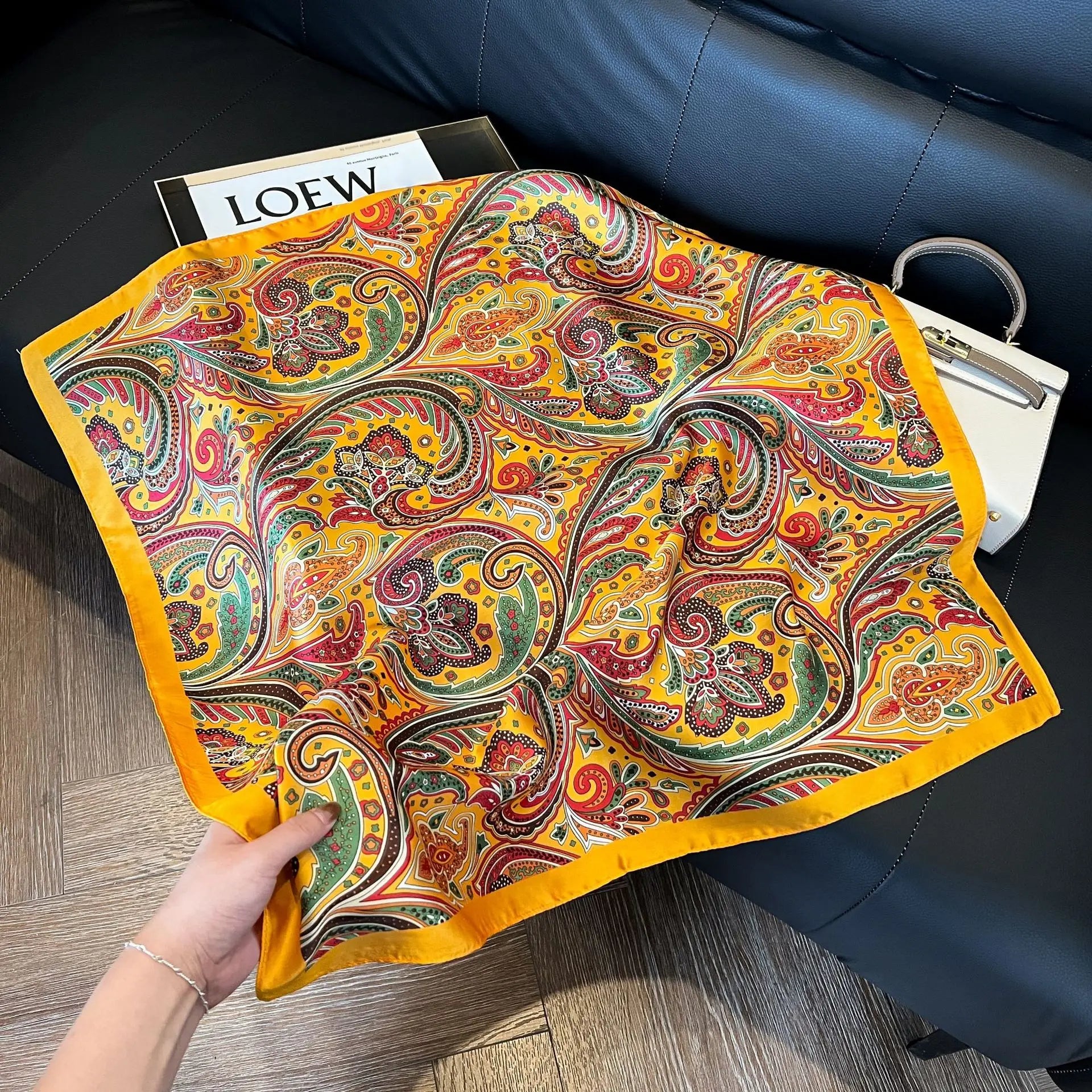 Printed Paisley Houndstooth Square Scarf for Women, Coffee Color, Polyester