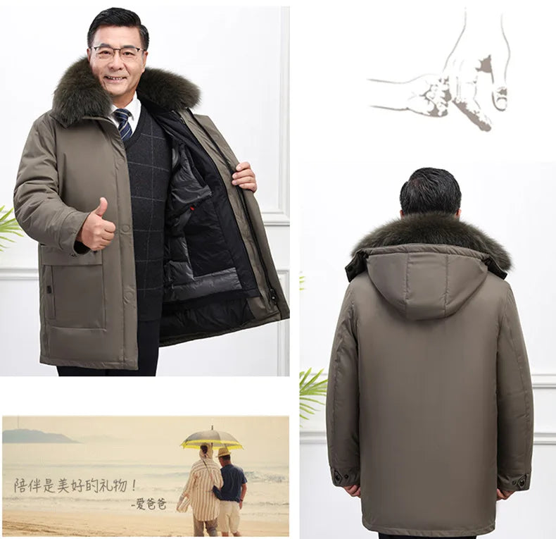 Men's White Goose Down Long Winter Jacket with Detachable Liner