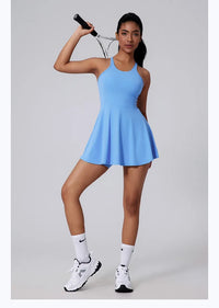 Women Beautiful Back Tennis Dress With Chest Cushion&Shorts Dreathable Outdoor Yoga Golf Skirt Workout Running Badminton Dress