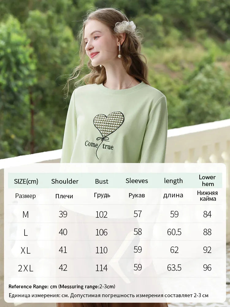 Women's Green Waffle Knitted Loose O-Neck Pullover Hoodie with Embroidery