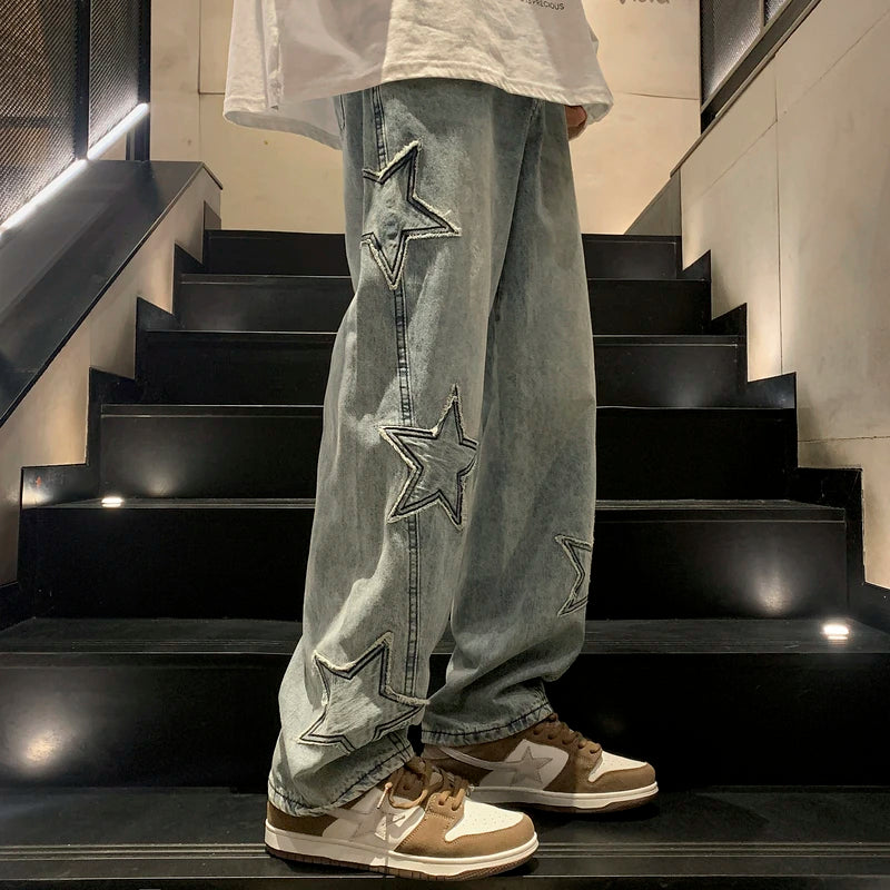 Star Embroidery Straight Casual Men Jeans Gothic Neutral New Wide Leg Loose Hip-hop Fashion Youth Streetwear Denim Trousers Y2K - Buy online at  Vibe In Cart.