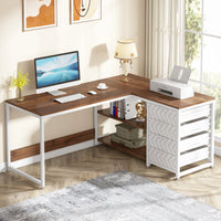 59 Inch L Shaped Corner Computer Desk with Drawers and Shelves