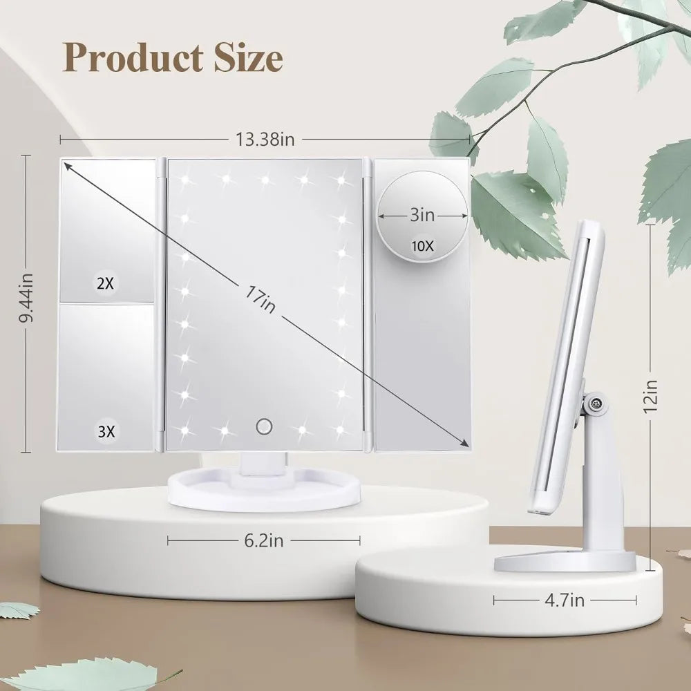 Vanity Makeup Mirror with Light 2X/3X/10X Magnification Lighted Cosmetic Mirror Touch Control Trifold Dual Power Supply Portable - Buy online at  Vibe In Cart.