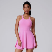 Women Beautiful Back Tennis Dress With Chest Cushion&Shorts Dreathable Outdoor Yoga Golf Skirt Workout Running Badminton Dress