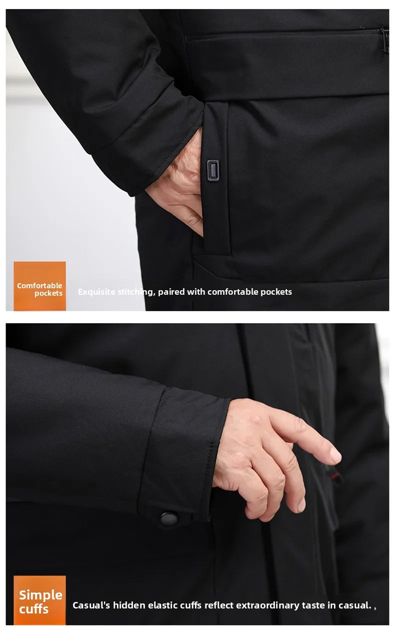 Men's White Goose Down Long Winter Jacket with Detachable Liner