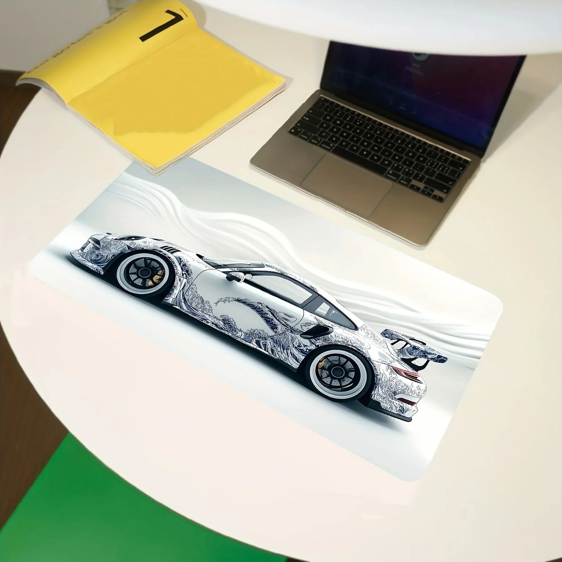 Large White Sports Car Design Gaming Mouse Pad with Anti-Slip Rubber Base