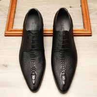 Men's Black And Blue Genuine Leather Oxford Shoes With Crocodile Pattern