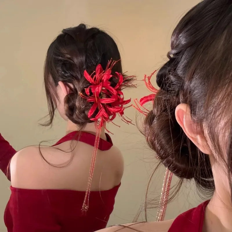 Red Shore Flower Hair Clip New Tassel Design Chinese Ancient Style Elegant Duckbill Clip Women's Side Bangs Clip Hair Accessory - Buy online at  Vibe In Cart.