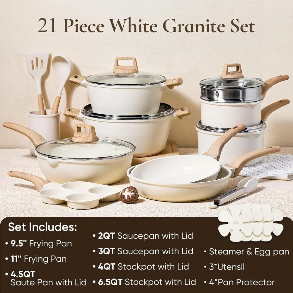 21Pcs Pots and Pans Set, Nonstick Cookware Sets, White Granite Induction Cookware Non Stick Cooking Set w/Frying Pans - Buy online at  Vibe In Cart.