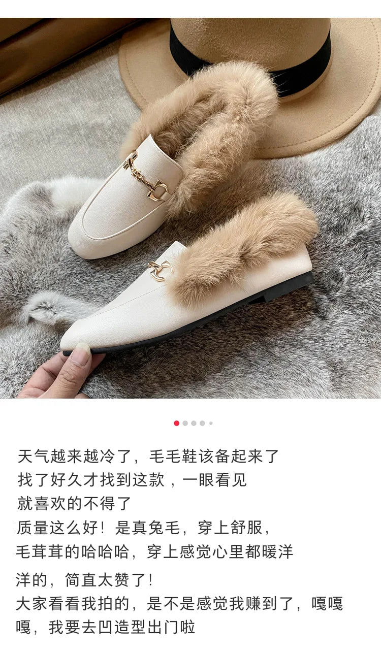 Retro Loafers 2024 Fashion Women's Shoes Autumn and Winter Women Velvet Warm Flat-bottomed Rabbit Fur Leather Shoes - Buy online at  Vibe In Cart.