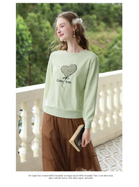 Women's Green Waffle Knitted Loose O-Neck Pullover Hoodie with Embroidery