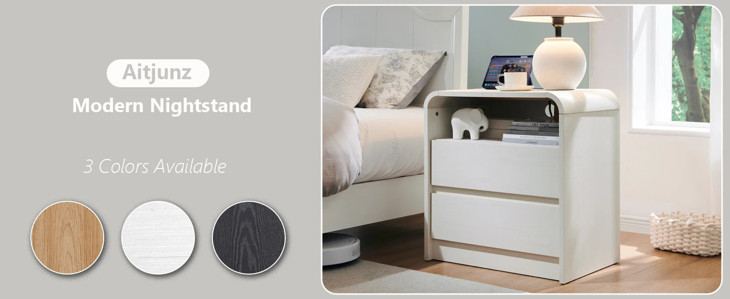 25 Inch Tall Wood Nightstand with Charging Station and 2 Drawers