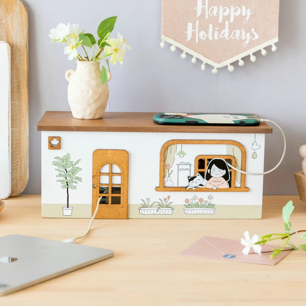 Wooden Rectangle Storage Box for Desktop Cord Organization