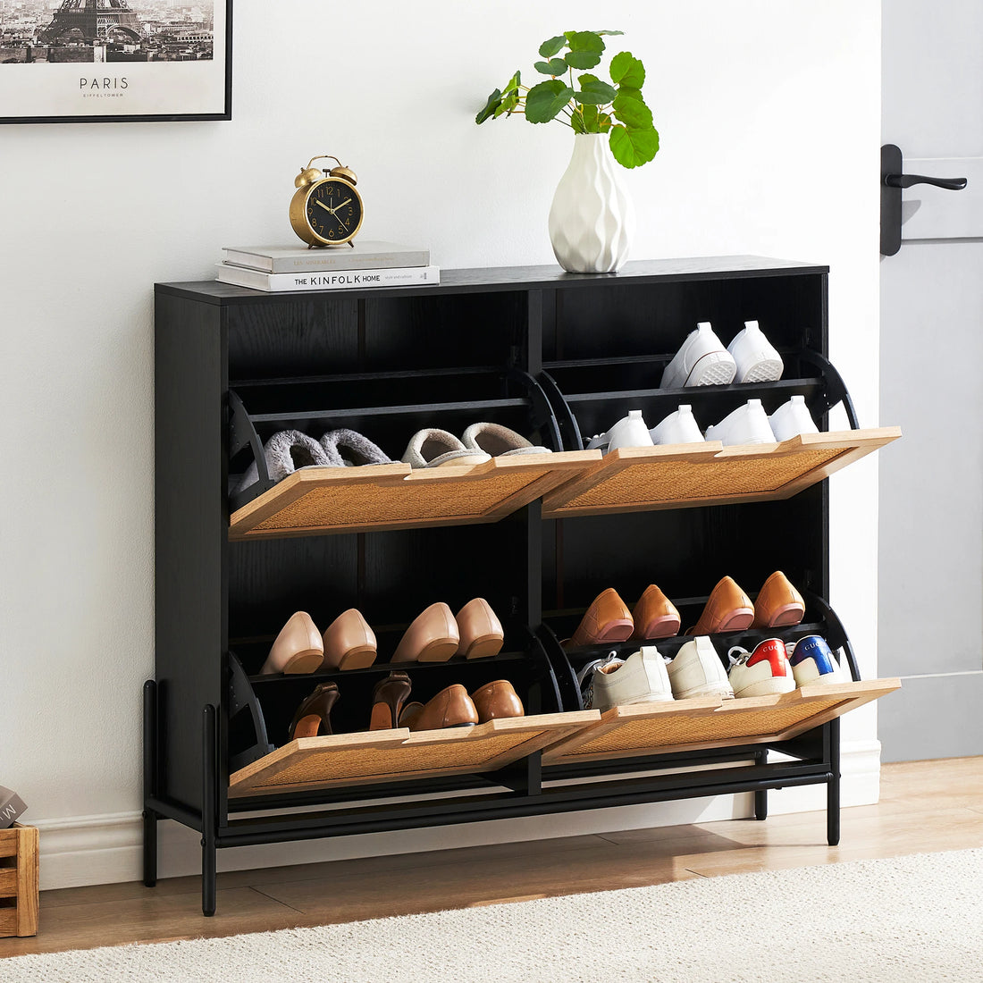 Rattan Shoe Storage Cabinet, Entryway Shoes Cabinet with 4 Flip Doors, Freestanding Shoe Rack with 3 Position Adjustable Shelves - Buy online at  Vibe In Cart.