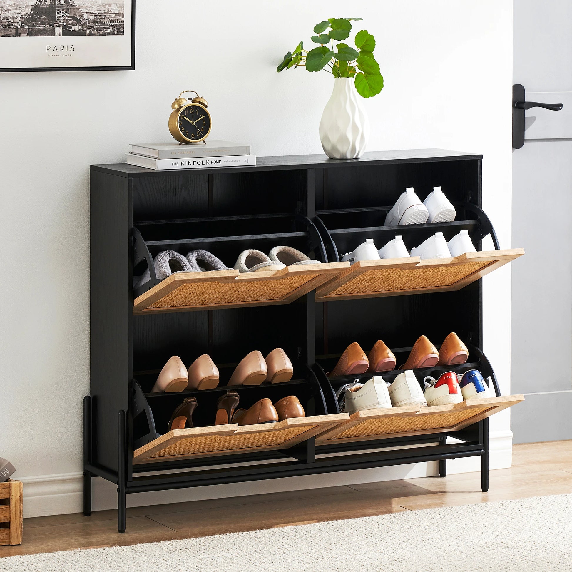 Rattan Shoe Storage Cabinet, Entryway Shoes Cabinet with 4 Flip Doors, Freestanding Shoe Rack with 3 Position Adjustable Shelves - Buy online at  Vibe In Cart.