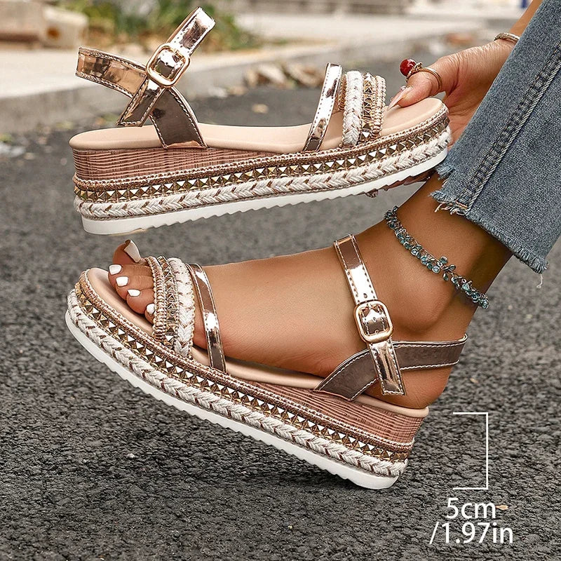 Plus Size Fashion Rivet Decor Wedge Sandals Women Gold Ankle Strap Platform Sandals for Woman Summer Thick Sole Roman Sandalias - Buy online at  Vibe In Cart.