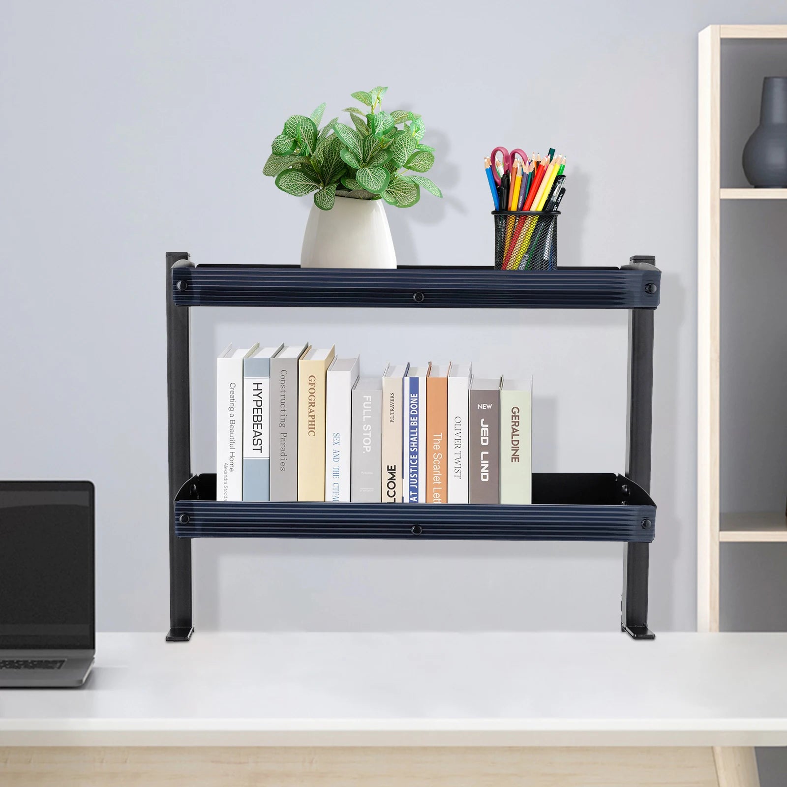 2-Tier Clamp-On Metal Desk Shelf, Black, 44x39x15 cm