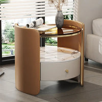 Modern Round Bedside Table with Leather Finish and One Drawer
