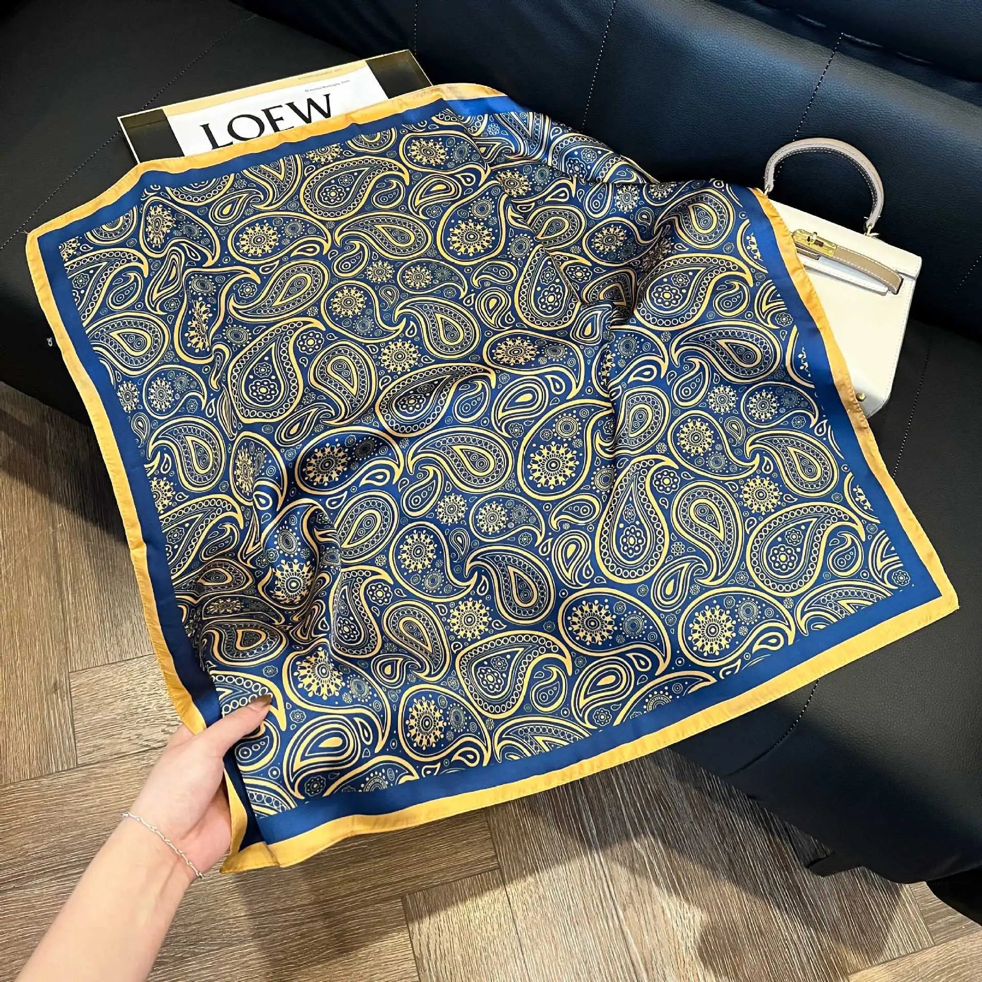 Printed Paisley Houndstooth Square Scarf for Women, Coffee Color, Polyester