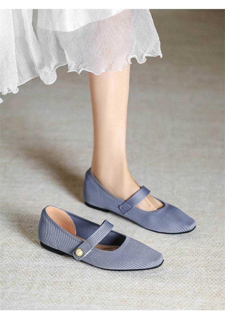 2024 Leisure Weaving Flats Women Ankle Strap Pearl Mary Stretch Fabric Ballerina Knitting Moccasins Mesh Solid Color Shoes - Buy online at  Vibe In Cart.