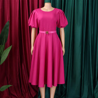 Women's Polyester O Neck Short Sleeve Belted Pleated Mid-Calf Dress