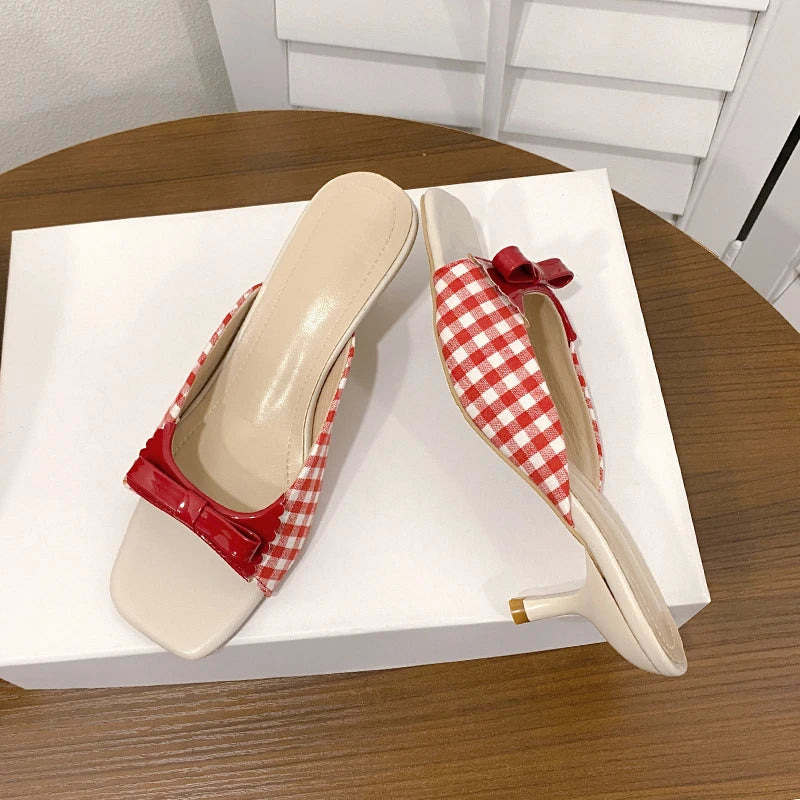 Design Shoes Retro Plaid Bow Sandals Kitten Heels French Style Peep Toe Shoes Mixed Color Sweet and Cute Women's Vocation Shoes - Buy online at  Vibe In Cart.