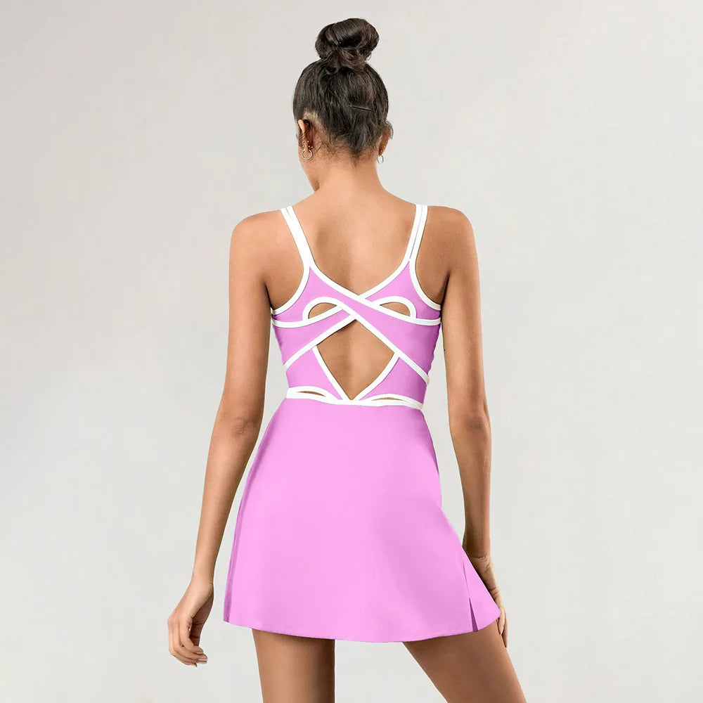 Women Tennis Dress with Inner Short Golf Badminton Skorts Backless Cross Tracksuits Ladies Sleeveless Golf Yoga Dresses S-XL
