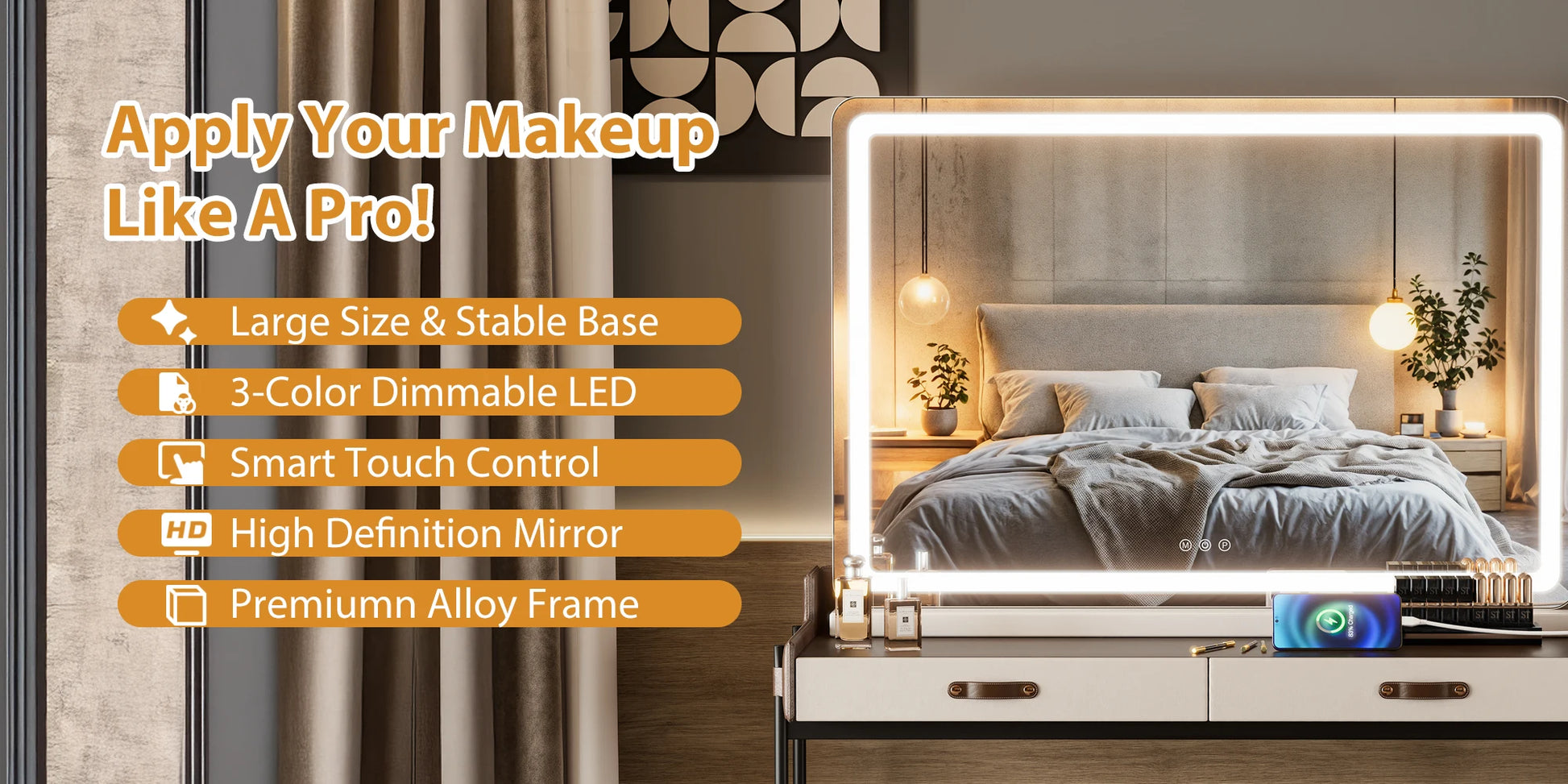 JHK LED Vanity Mirror with Lights Aluminum Frame Bathroom Mirror Dimmable 3 Color Modes Makeup Mirror Memory Function Bedroom - Buy online at  Vibe In Cart.