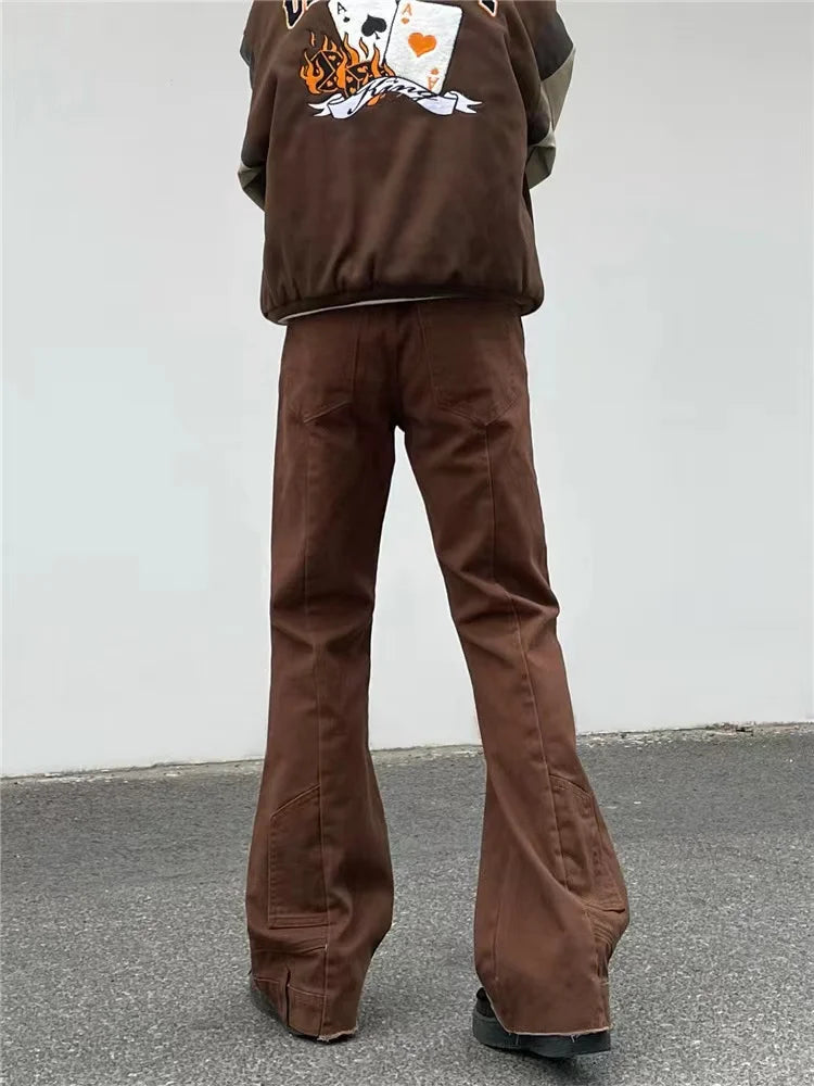 Brown Baggy Flare Jeans for Men Cotton Casual Pants