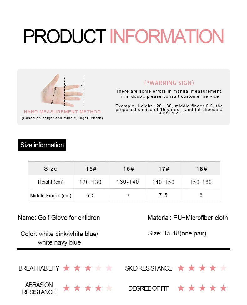 Golf Gloves Children's Golf Gloves Child Boys Girls PU Microfiber Cloth Breathable Non-slip Protection A Pair Kids Velcro Gifts - Buy online at  Vibe In Cart.